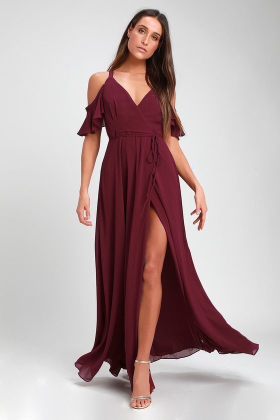 Burgundy OTS Dress - Maxi Wrap Dress ...
